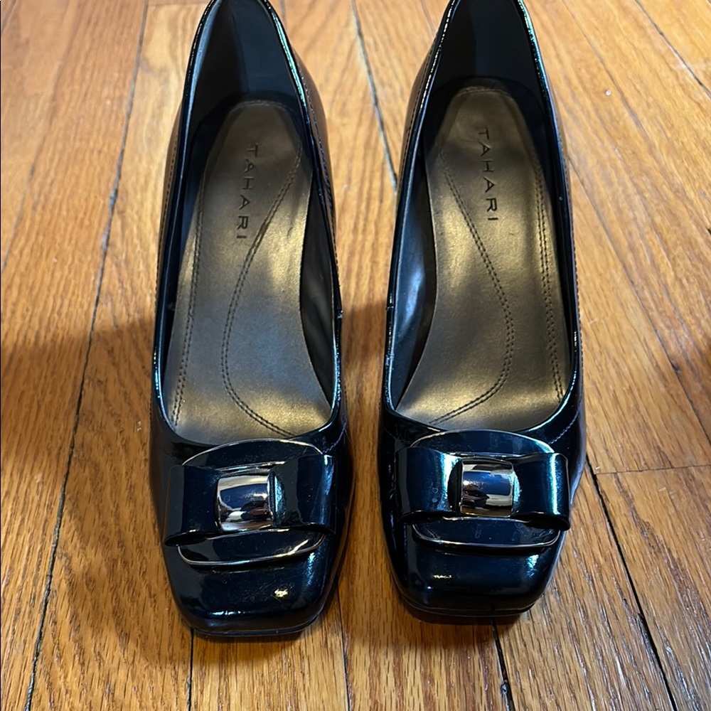 Tahari Black Heels with Square Toe and Silver Buckle